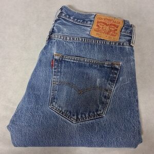 Levi's 501 Blue Jeans Men's35x30  Straight Leg Light Wash Button Fly Tears Holes